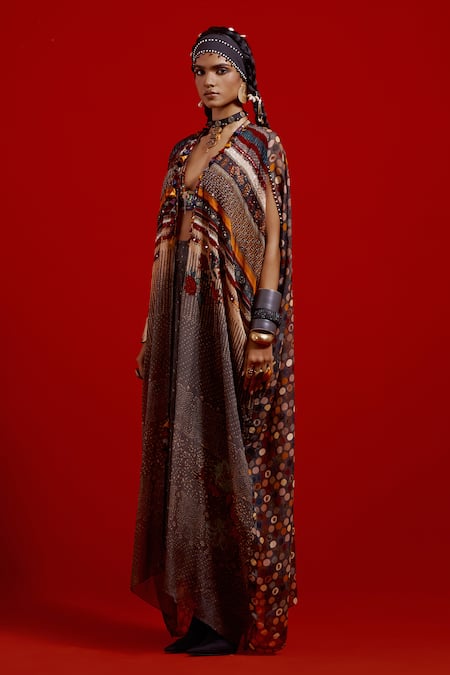 Buy Aseem Kapoor Gray Silk Beads, Tassels, Embroidery V-neck Ritu Printed Kaftan Jacket Buy_Aseem Kapoor_Gray Silk Beads, Tassels, Embroidery V-neck Ritu Printed Kaftan Jacket