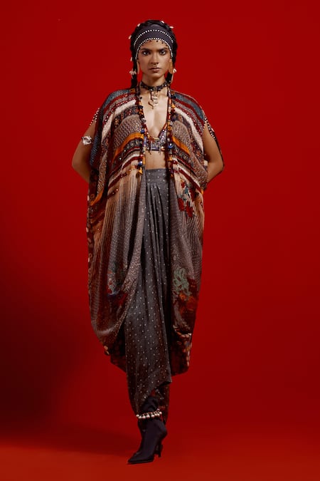 Shop Aseem Kapoor Gray Silk Beads, Tassels, Embroidery V-neck Ritu Printed Kaftan Jacket Shop_Aseem Kapoor_Gray Silk Beads, Tassels, Embroidery V-neck Ritu Printed Kaftan Jacket