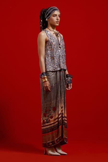 Aseem Kapoor_Gray Crinkle, Satin Tassels, Beads, Embroidery V-neck Haya V Top _Online_at_Aza_Fashions