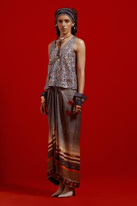 Buy_Aseem Kapoor_Gray Crinkle, Satin Tassels, Beads, Embroidery V-neck Haya V Top _Online_at_Aza_Fashions