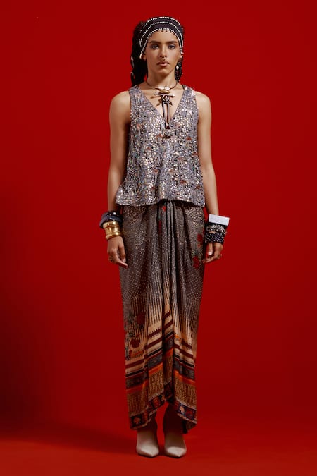 Shop_Aseem Kapoor_Gray Crinkle, Satin Tassels, Beads, Embroidery V-neck Haya V Top _Online_at_Aza_Fashions