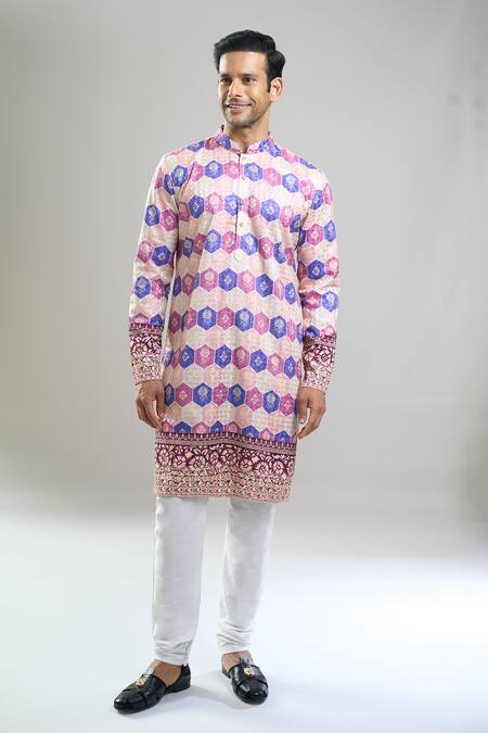 Buy_Arihant Rai Sinha_Cream Cotton, Polyester, Viscose Geometric Print Thread And Kurta Set _Online_at_Aza_Fashions