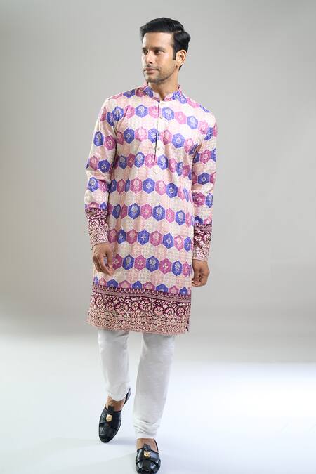 Shop_Arihant Rai Sinha_Cream Cotton, Polyester, Viscose Geometric Print Thread And Kurta Set _Online_at_Aza_Fashions