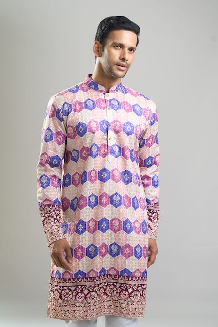 Arihant Rai Sinha_Cream Cotton, Polyester, Viscose Geometric Print Thread And Kurta Set _at_Aza_Fashions
