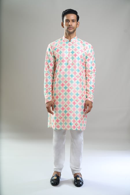 Buy_Arihant Rai Sinha_Cream Cotton Embroidery, Sequins, Metallic Thread Geometric And Kurta Set _Online_at_Aza_Fashions
