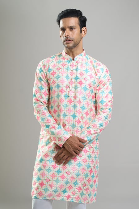 Arihant Rai Sinha_Cream Cotton Embroidery, Sequins, Metallic Thread Geometric And Kurta Set _at_Aza_Fashions
