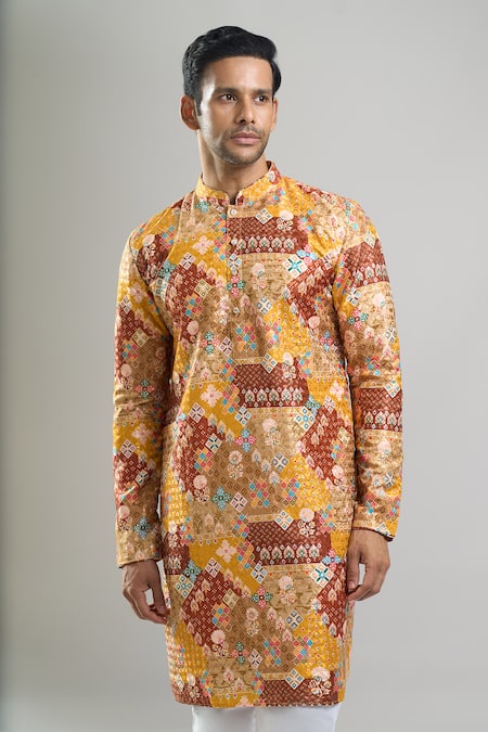 Buy_Arihant Rai Sinha_Orange Cotton, Polyester, Viscose Embroidery, Sequins, And Geometric Kurta Set _Online_at_Aza_Fashions