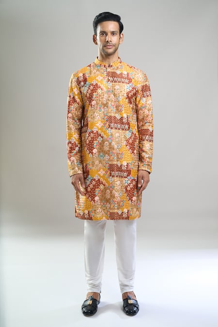 Shop_Arihant Rai Sinha_Orange Cotton, Polyester, Viscose Embroidery, Sequins, And Geometric Kurta Set _Online_at_Aza_Fashions