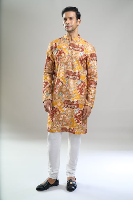 Arihant Rai Sinha_Orange Cotton, Polyester, Viscose Embroidery, Sequins, And Geometric Kurta Set _at_Aza_Fashions