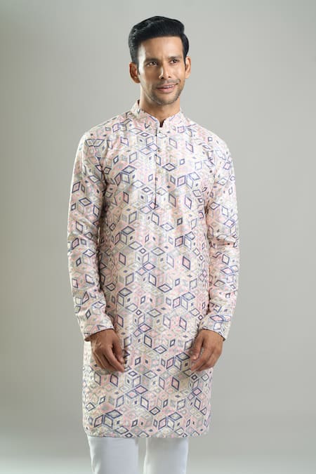 Buy_Arihant Rai Sinha_Cream Cotton, Viscose, Polyester Embroidery, Geometric Thread And Kurta Set _Online_at_Aza_Fashions