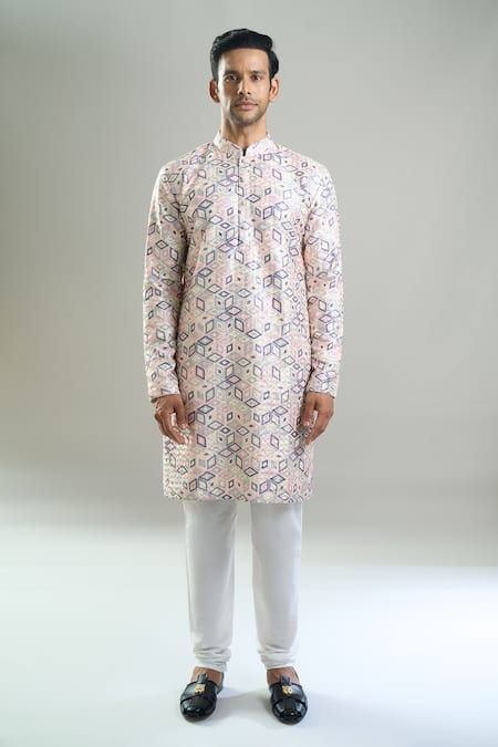 Arihant Rai Sinha_Cream Cotton, Viscose, Polyester Embroidery, Geometric Thread And Kurta Set _at_Aza_Fashions