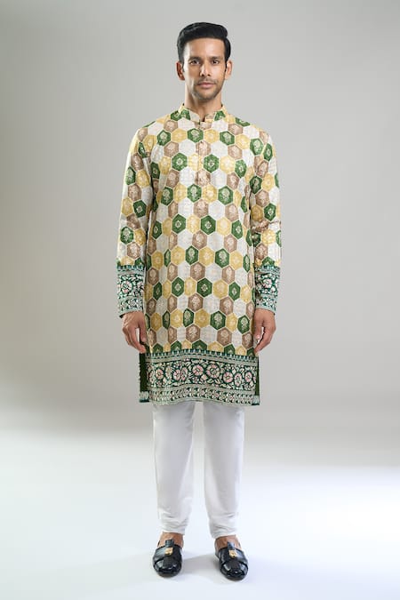 Shop_Arihant Rai Sinha_Cream Cotton Embroidery, Sequins, Metallic Thread Geometric Kurta Set _Online_at_Aza_Fashions