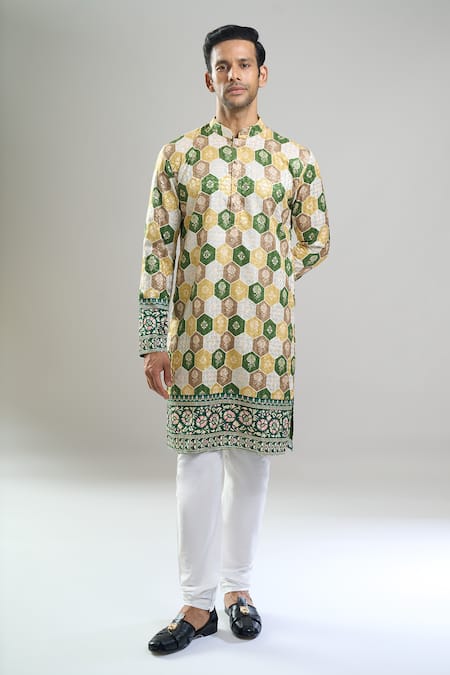 Arihant Rai Sinha_Cream Cotton Embroidery, Sequins, Metallic Thread Geometric Kurta Set _at_Aza_Fashions