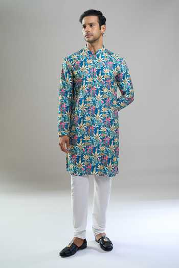 Buy Arihant Rai Sinha Blue Cotton Embroidery, Sequins Tropical Kurta Set Online at Aza Fashions Buy_Arihant Rai Sinha_Blue Cotton Embroidery, Sequins Tropical Kurta Set _Online_at_Aza_Fashions