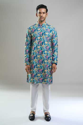 Shop Arihant Rai Sinha Blue Cotton Embroidery, Sequins Tropical Kurta Set Online at Aza Fashions Shop_Arihant Rai Sinha_Blue Cotton Embroidery, Sequins Tropical Kurta Set _Online_at_Aza_Fashions