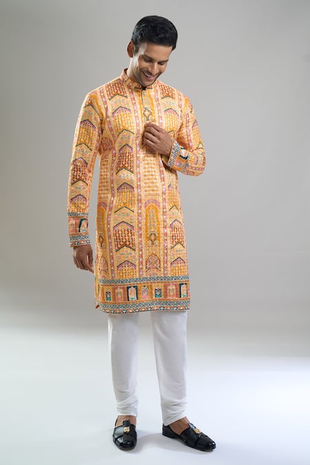 Shop Arihant Rai Sinha Yellow Cotton, Polyester, Viscose Embroidery, Sequins Thread And Kurta Set Online at Aza Fashions Shop_Arihant Rai Sinha_Yellow Cotton, Polyester, Viscose Embroidery, Sequins Thread And Kurta Set _Online_at_Aza_Fashions