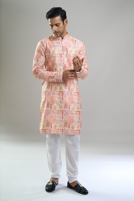 Shop_Arihant Rai Sinha_Pink Cotton, Polyester, Viscose Embroidery, Geometric Thread And Kurta Set _Online_at_Aza_Fashions
