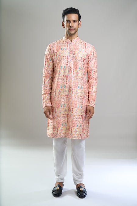 Arihant Rai Sinha_Pink Cotton, Polyester, Viscose Embroidery, Geometric Thread And Kurta Set _at_Aza_Fashions