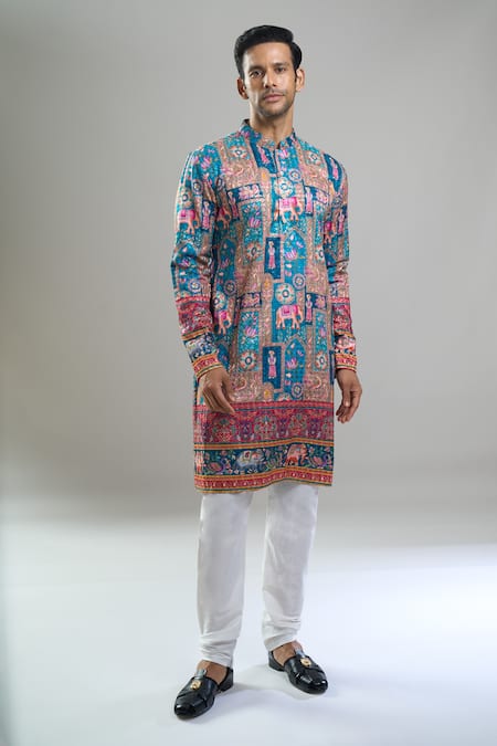 Buy_Arihant Rai Sinha_Blue Cotton, Polyester, Viscose Embroidery, Sequins, Metallic And Kurta Set _Online_at_Aza_Fashions