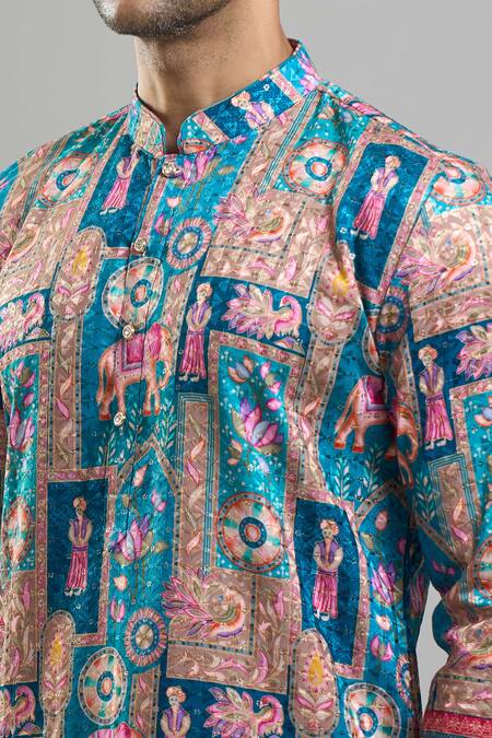 Shop_Arihant Rai Sinha_Blue Cotton, Polyester, Viscose Embroidery, Sequins, Metallic And Kurta Set _Online_at_Aza_Fashions