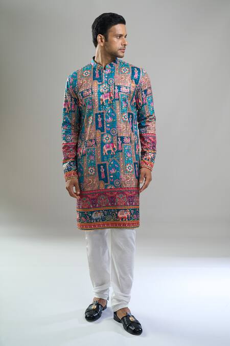 Arihant Rai Sinha_Blue Cotton, Polyester, Viscose Embroidery, Sequins, Metallic And Kurta Set _at_Aza_Fashions