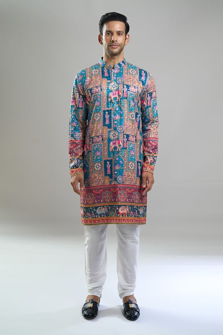 Buy_Arihant Rai Sinha_Blue Cotton, Polyester, Viscose Embroidery, Sequins, Metallic And Kurta Set 