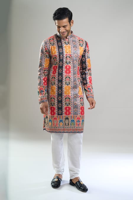 Buy_Arihant Rai Sinha_Multi Color Cotton, Viscose, Polyester Embroidery, Geometric Motif And Kurta Set _Online_at_Aza_Fashions