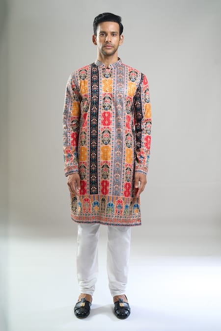 Shop_Arihant Rai Sinha_Multi Color Cotton, Viscose, Polyester Embroidery, Geometric Motif And Kurta Set _Online_at_Aza_Fashions