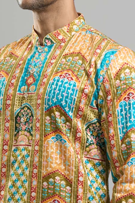 Buy_Arihant Rai Sinha_Green Cotton, Viscose, Polyester Embroidery, Sequins, Metallic And Kurta Set _Online_at_Aza_Fashions