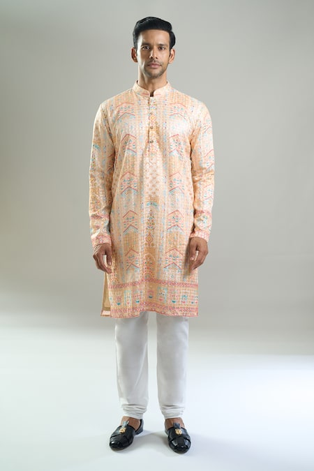 Buy_Arihant Rai Sinha_Cream Cotton Embroidery, Sequins, Metallic Thread Kurta And Churidar Set _Online_at_Aza_Fashions