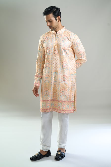 Arihant Rai Sinha_Cream Cotton Embroidery, Sequins, Metallic Thread Kurta And Churidar Set _at_Aza_Fashions