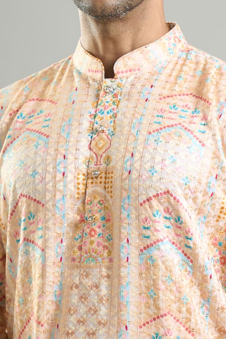 Buy_Arihant Rai Sinha_Cream Cotton Embroidery, Sequins, Metallic Thread Kurta And Churidar Set 