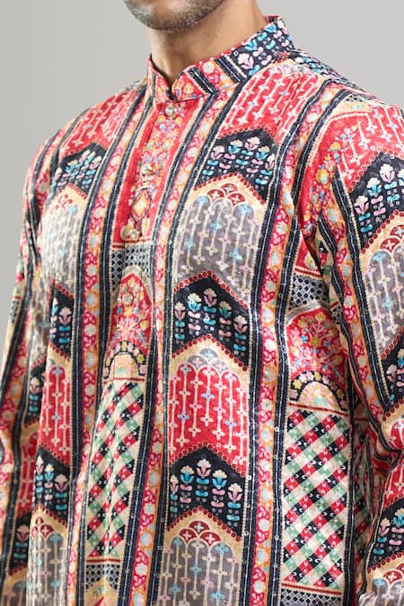 Arihant Rai Sinha_Orange Cotton, Viscose, Polyester Geometric Pattern Thread And Kurta Set _at_Aza_Fashions