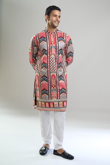 Buy_Arihant Rai Sinha_Orange Cotton, Viscose, Polyester Geometric Pattern Thread And Kurta Set 