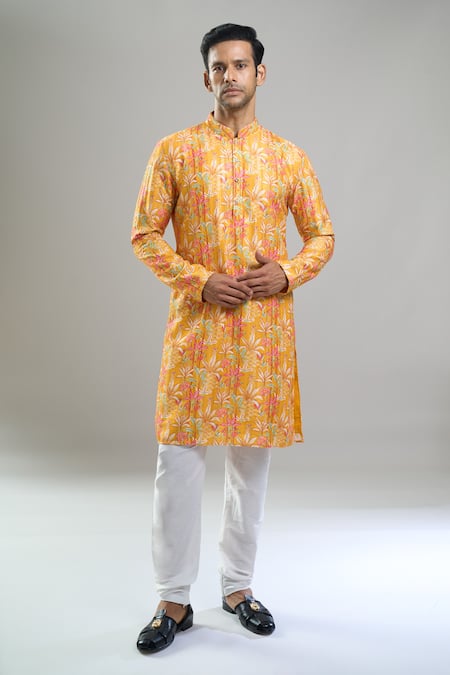 Shop_Arihant Rai Sinha_Yellow Cotton, Polyester, Viscose Embroidery, Sequins, Tropical And Kurta Set _Online_at_Aza_Fashions
