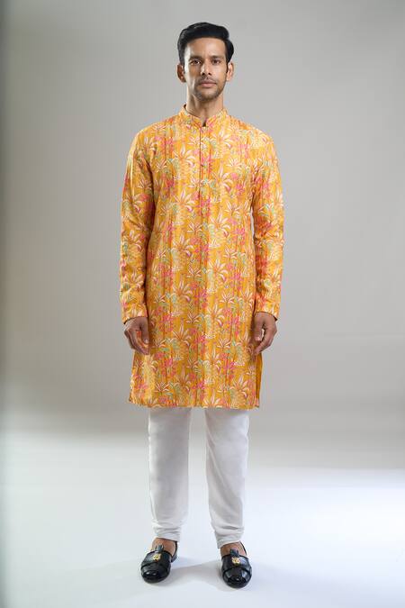 Buy_Arihant Rai Sinha_Yellow Cotton, Polyester, Viscose Embroidery, Sequins, Tropical And Kurta Set 