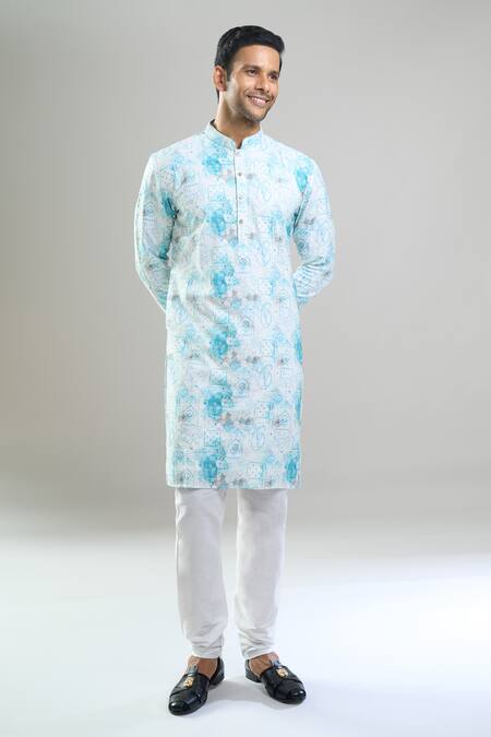 Shop_Arihant Rai Sinha_Blue Cotton, Polyester, Viscose Embroidery, Sequins, Metallic Pattern Kurta Set _Online_at_Aza_Fashions