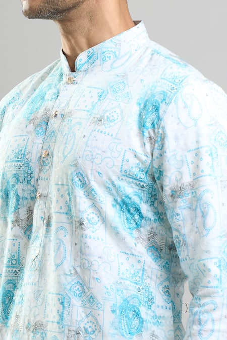Buy_Arihant Rai Sinha_Blue Cotton, Polyester, Viscose Embroidery, Sequins, Metallic Pattern Kurta Set 