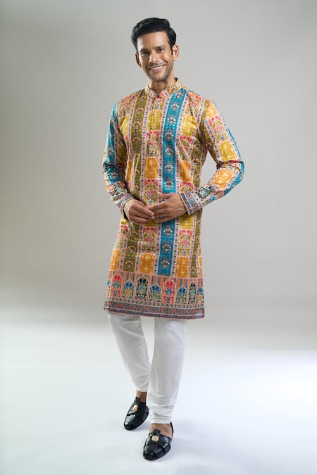 Shop_Arihant Rai Sinha_Multi Color Cotton, Polyester, Viscose Geometric Floral Thread And Kurta Set _Online_at_Aza_Fashions