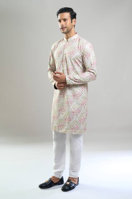 Buy_Arihant Rai Sinha_Green Cotton, Polyester, Viscose Embroidery, Geometric Thread And Kurta Set _Online_at_Aza_Fashions