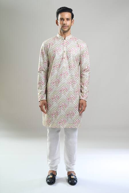 Shop_Arihant Rai Sinha_Green Cotton, Polyester, Viscose Embroidery, Geometric Thread And Kurta Set _Online_at_Aza_Fashions