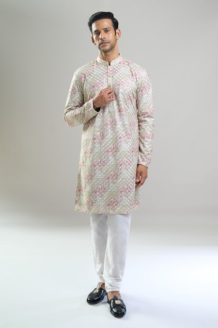 Arihant Rai Sinha_Green Cotton, Polyester, Viscose Embroidery, Geometric Thread And Kurta Set _at_Aza_Fashions