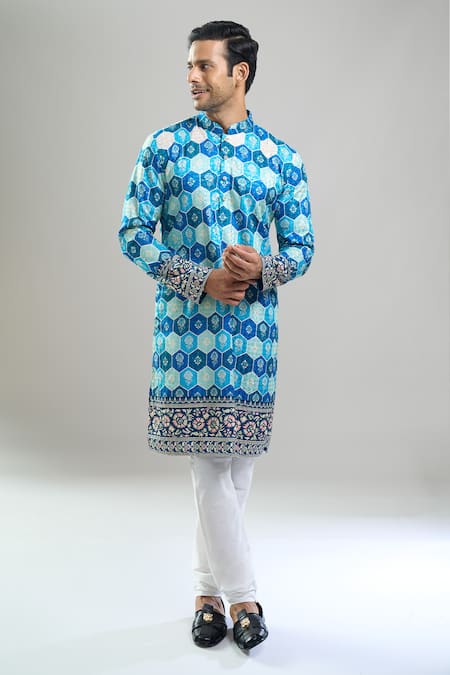 Arihant Rai Sinha_Blue Cotton, Polyester, Viscose Geometric Hexagon Thread And Kurta Set _Online_at_Aza_Fashions