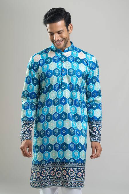 Shop_Arihant Rai Sinha_Blue Cotton, Polyester, Viscose Geometric Hexagon Thread And Kurta Set _Online_at_Aza_Fashions