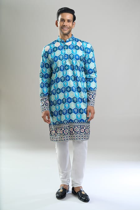 Arihant Rai Sinha_Blue Cotton, Polyester, Viscose Geometric Hexagon Thread And Kurta Set _at_Aza_Fashions