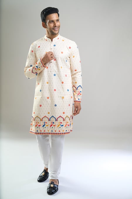 Buy_Arihant Rai Sinha_Cream Cotton, Polyester, Viscose Embroidery, Sequins Thread And Kurta Set _Online_at_Aza_Fashions