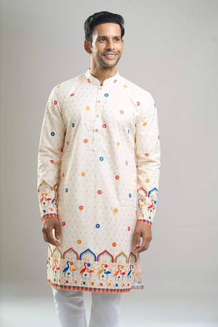 Arihant Rai Sinha_Cream Cotton, Polyester, Viscose Embroidery, Sequins Thread And Kurta Set _at_Aza_Fashions