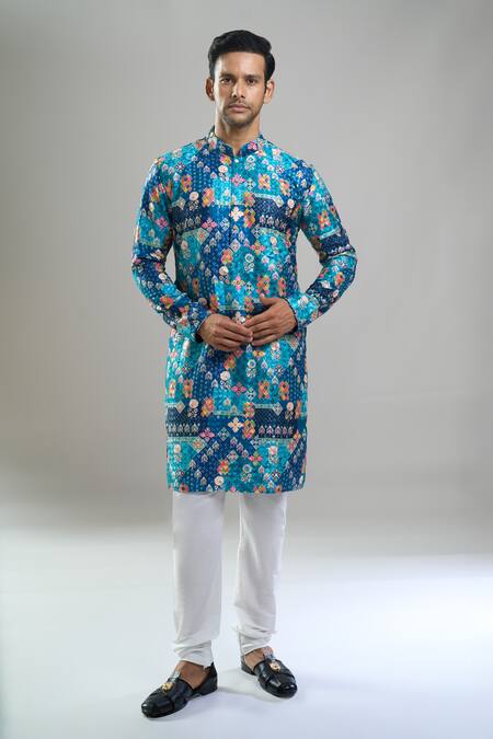 Arihant Rai Sinha_Blue Cotton, Polyester, Viscose Embroidery, Sequins, Metallic And Kurta Set _Online_at_Aza_Fashions