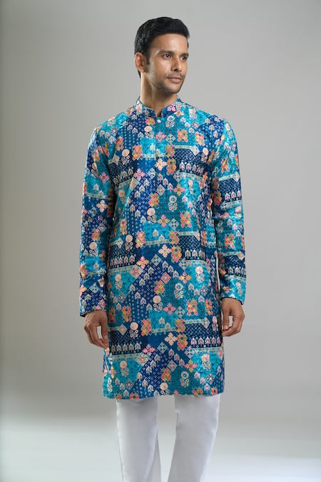 Arihant Rai Sinha_Blue Cotton, Polyester, Viscose Embroidery, Sequins, Metallic And Kurta Set _at_Aza_Fashions