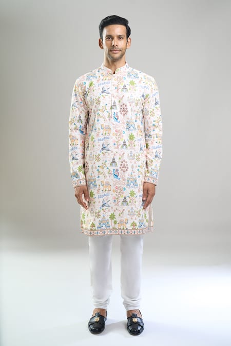 Buy_Arihant Rai Sinha_Cream Cotton Embroidery, Sequins Thread And Kurta Set _Online_at_Aza_Fashions